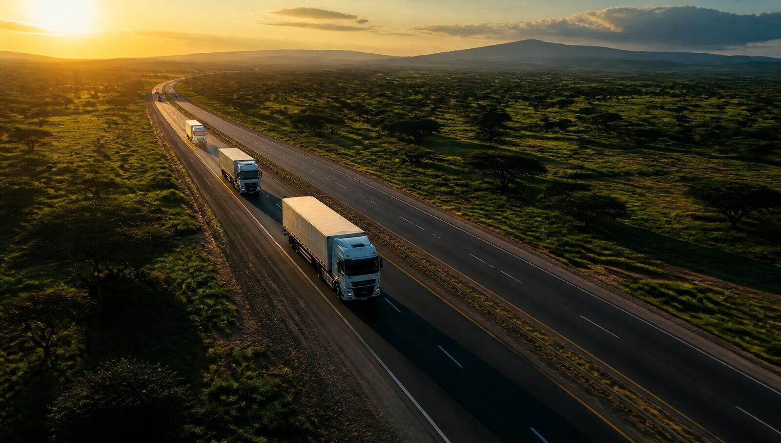 Cargo trucks travelling on a modern African highway at sunrise